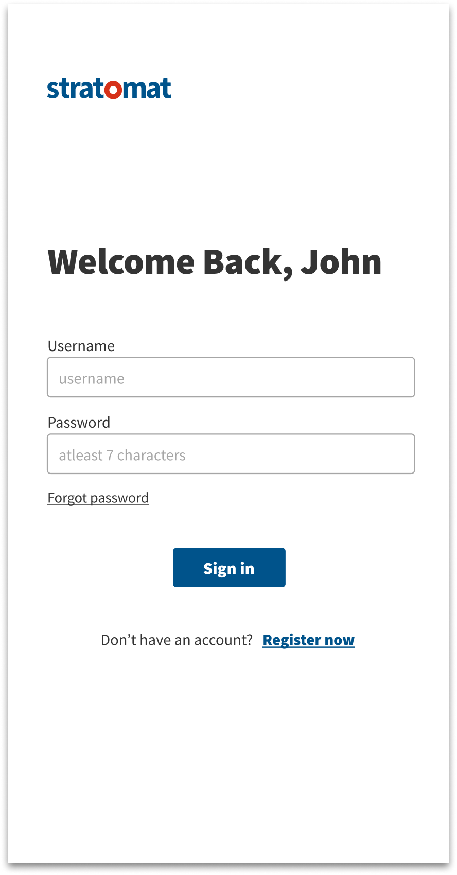 Stratomat mobile login page