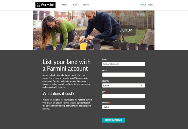 Farmini Sign up page